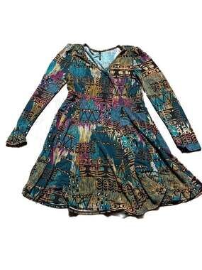 Emma Rose Long Sleeve V-Neck Abstract Tribal Print Skater Dress Size Large